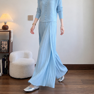 Women's Miyake Plus Size Mid Wide Leg Pleated Long Pants <b>Elastic</b> <b>Waist</b> Loose Slim Casual Spring 100% Polyester Minimalist Style - Product Image 2