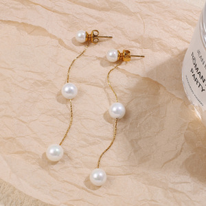 ต่างหูมุกทรงหยดน้ำ ลูกปัดแก้วสีขาว โซ่ทอง เงิน พู่ยาว สำหรับผู้หญิง สวมใส่ได้ทุกวัน - Product Image 3
