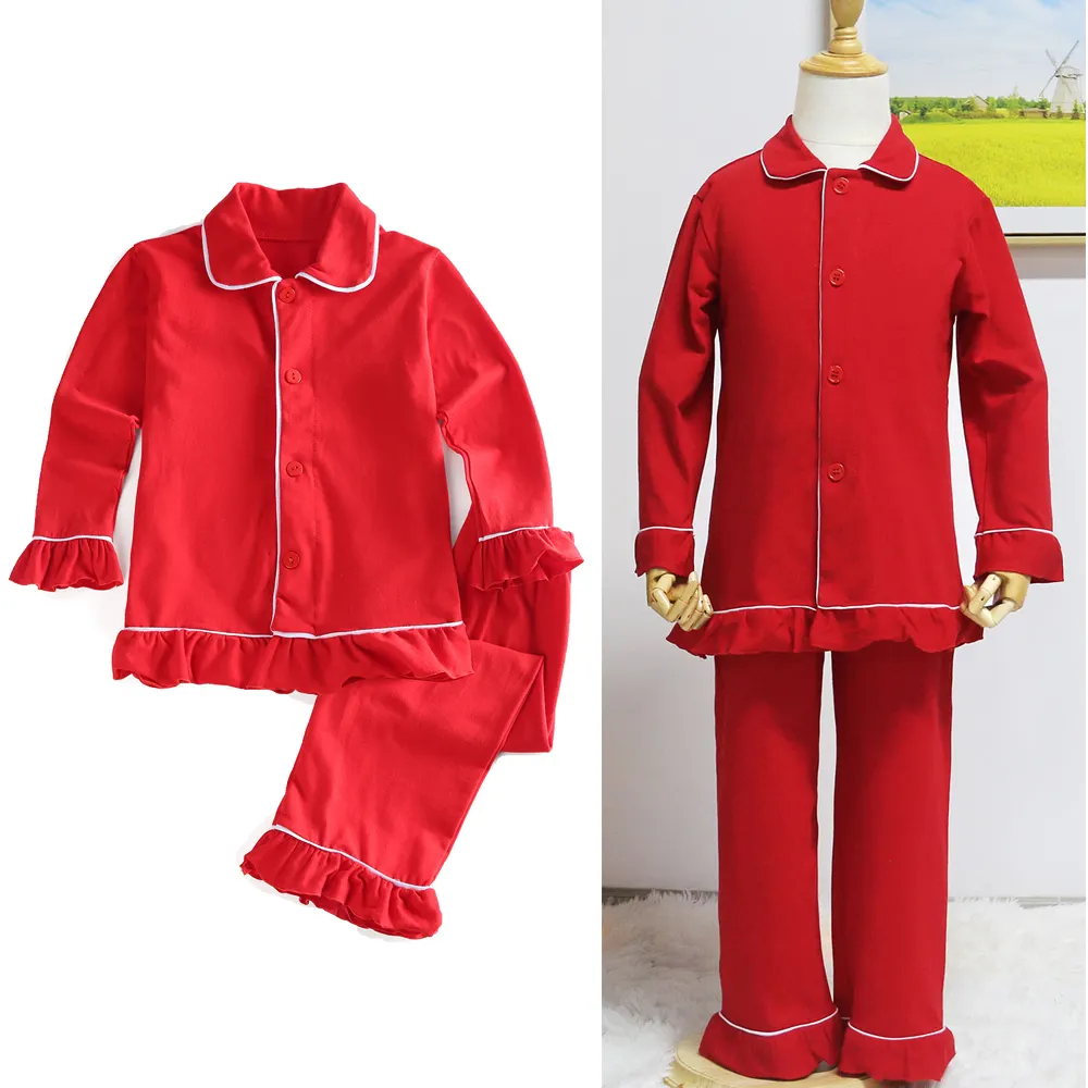 RTS Рождественская красная Хлопковая пижама с рюшами на пуговицах, женская одежда для сна, семейная Пижама для взрослых, Женский комплект