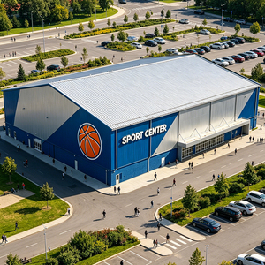 Salle de sport spacieuse à structure en acier, installation gouvernementale, résistante à la corrosion, polyvalente, avec panneaux solaires intégrés dans le cadre de la construction - Product Image 1