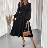 Robe longue élégante pour femme avec manches en dentelle transparente et col en V, idéale pour l'église