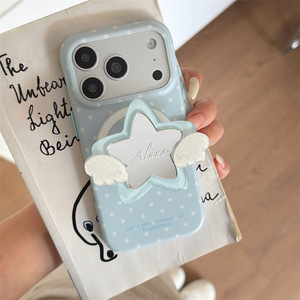 เคสโทรศัพท์แบบมีขาตั้งแม่เหล็ก ลายจุดสีฟ้า ผิวกระจก สไตล์เกาหลี สำหรับ iPhone17ProMax/16/15 - Product Image 3