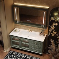 Kabinet Kamar Mandi Gantung Desain Modern Baru dari Kayu Oak Putih dengan Wastafel Ganda dan Cermin LED