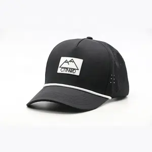 Factory Price Sell Baseball Nylon Mesh Cap Black Custom Embroidery Logo 6 Panel Trucker Hats Curved Brim With Rope