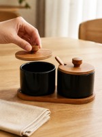 Ensemble de pots à épices en céramique avec couvercle en céramique, cuillère en bois et support, design vintage, accessoires de cuisine imperméables pour la maison