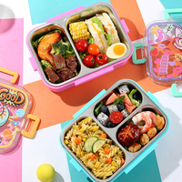 Boîte à bento en acier inoxydable 304 pour enfants, anti-fuite, avec 3 compartiments et couvercle transparent à motif de dessin animé, boîte à lunch scolaire