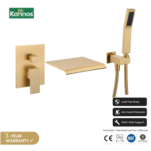 Grifo de Bañera Dorado Cepillado, Montaje Empotrado en Pared, Caño Cuadrado Tipo Cascada con Ducha de Mano, Monomando de Latón para Baño - Product Image 1