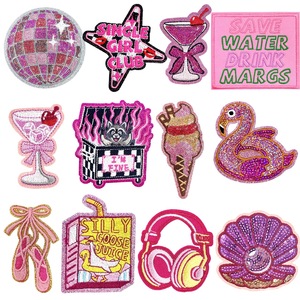 Parches Bordados Termoadhesivos Vintage con Lentejuelas Rosas, Estilo Retro de los 80, Decoración Artesanal, Parche Bordado con Flamencos, Martini <span class=keywords><strong>y</strong></span> Bola de Discoteca - Product Image 1