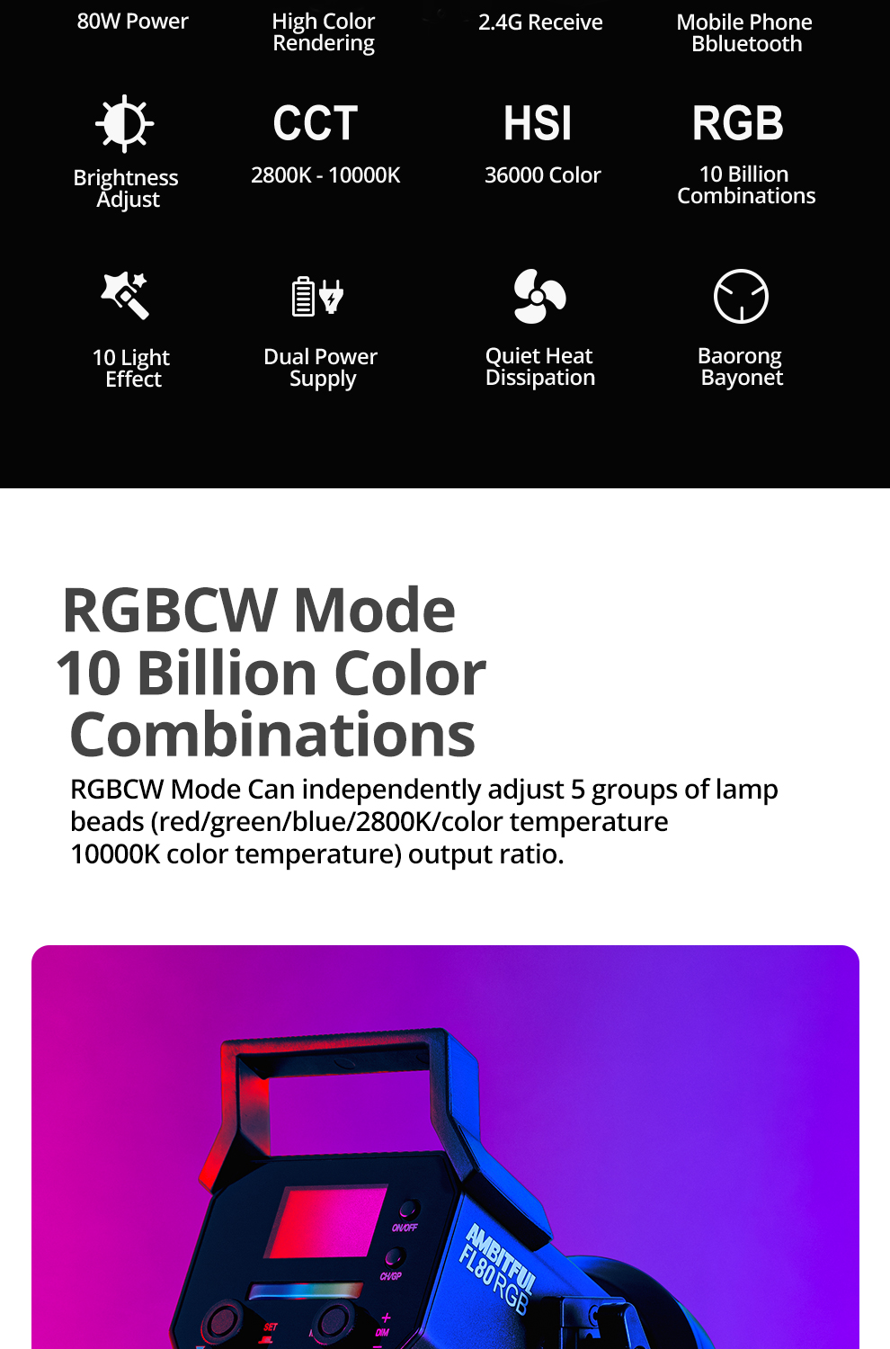 AMBITFUL FL80 RGB LED Video Light 80W 5600K Outdoor Photography Daylight Lighting Adjust Brightness Bowens Mount Support APP