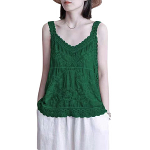Top Básico de Verano Casual Vintage de Color Sólido sin Mangas con Cuello en V, Nueva Moda Elegante, Holgado y Cómodo, Top de Encaje para Mujer - Product Image 4