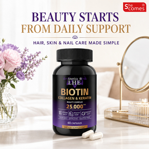 Complément alimentaire premium Shecome à la biotine et au collagène avec acide hyaluronique et kératine pour la croissance des cheveux, de la peau et des ongles, capsules de biotine et de collagène - Product Image 1