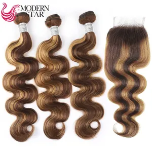 12A巴西Ombre棕色发束，正面体波100% 处女人发纬纱彩色发束，带闭合
