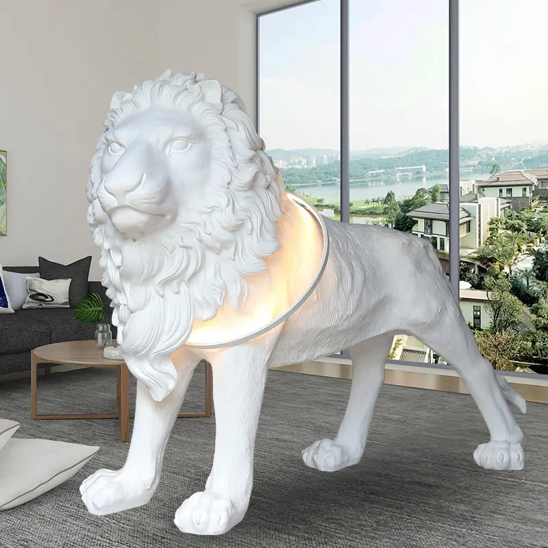 Volledige Schaal Indoor Sculpturen Van Dieren 3d Glasvezel Wit Goud Rood Leeuw Standbeeld Moderne Animal Floor Lamp