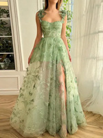 Robe de bal personnalisable style princesse en dentelle, longue, avec appliques papillon 3D sur les bretelles, coupe trapèze, fente, pour soirées et fêtes estivales