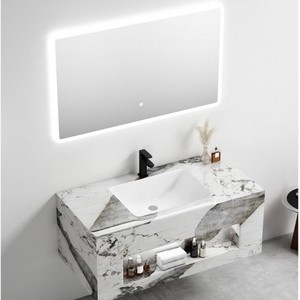 Ensemble de meuble-lavabo en marbre gris CR avec miroir LED et lavabo, meuble-lavabo moderne pour salle de bain - Product Image 1
