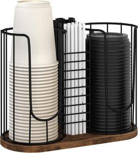 Organizador de Tazas y Tapas de <span class=keywords><strong>Caf</strong></span>é de 3 Compartimentos con Base de Madera, Dispensador de Metal Negro Vintage para Barra, Mostrador u Oficina - Product Image 2