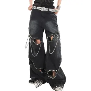 Boyfriend Style High Rise Metal Rivet Chain Cutout Jeans Faded Washed Wide Leg Jeans para mujeres sexy Streetwear