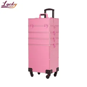 Professional Beauty 4 In 1 Portable Travel Organizer With Key Lightweight Rolling Aluminum Makeup Train Case