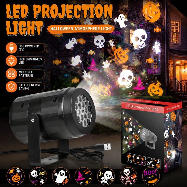 USB Powered Halloween LED Projection Holiday Atmosphere Projector Lamp with Multiple Patterns for Party Home Garden Decoration