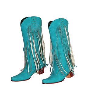 Botas Vaqueras Occidentales de Invierno para Mujer, de Media Pantorrilla, con Punta Puntiaguda, Remaches, Borlas, Tacón Cuadrado, Suela de Goma, Botas Altas, MOQ Bajo, OEM, ODM, DDP - Product Image 1