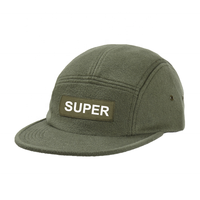 Casquette de camping 5 panneaux en laine non structurée, style vintage, à visière plate, ajustable, streetwear, profil bas, avec logo, vente en gros