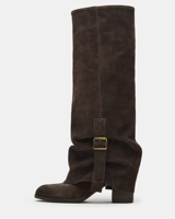 Bottes hautes en daim marron pour femme, style western cowboy, à enfiler, talon épais, pliables, avec boucle