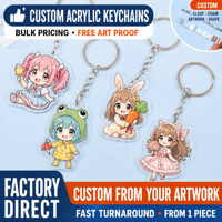Porte-clés en acrylique imprimé sur mesure avec motif anime, acrylique brillant de 2 mm, impression UV, anneau métallique, OEM ODM, faible MOQ, léger et durable