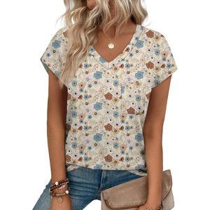 Women's V Neck Cap Sleeve T-Shirt Floral Print Cotton Breathable Pocket Front Casual <b>Top</b> - Product Image 1