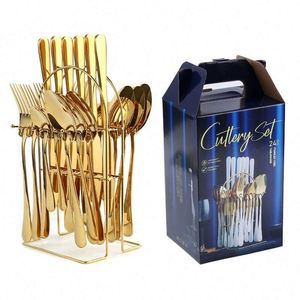 Ensemble de couverts réutilisables de style occidental doré de 24 pièces, couteau à steak, fourchette, cuillère avec boîte cadeau élégante pour support mural - Product Image 3