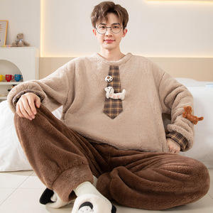 Conjunto de Pijama de Felpa Suave para <span class=keywords><strong>Hombre</strong></span>, Grueso y Cálido, de Felpa de Coral con Dibujos Animados, Ropa de Dormir Juvenil - Product Image 4