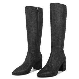 Wetkiss Oem Puntige Neus Dikke Hak Laarzen Vrouwen Sprankelende Kristallen Laarzen Zwarte Brede Kuit Knie Hoge Laarzen Voor Feest - Product Image 4