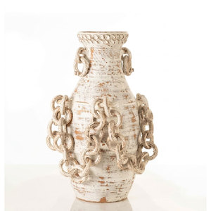 Rustic White Washed Terracotta Jug with Decorative Interlinked <b>Ceramic</b> Chains - Product Image 3