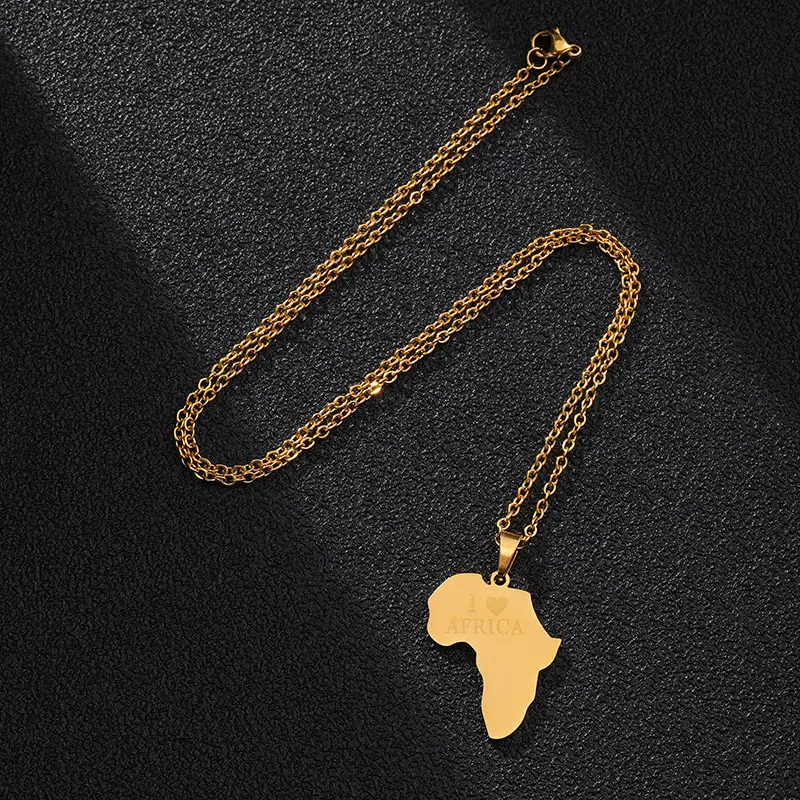 Wholesale Blank Custom Geometrical Stainless Steel Africa Map Shape Pendant Personalized I Love Africa Letter Clavicle Necklace
