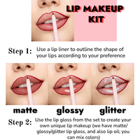 Coffret de maquillage pour les lèvres rose 2-en-1 avec gloss teinté, rouge à lèvres mat nude, crayon à lèvres crème brun foncé waterproof et vegan