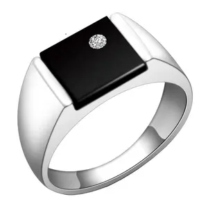 Custom wholesale 925 sterling silver Imitação ágata pedra gemstone banda sólida anel preto ônix para homens jóias personalizadas