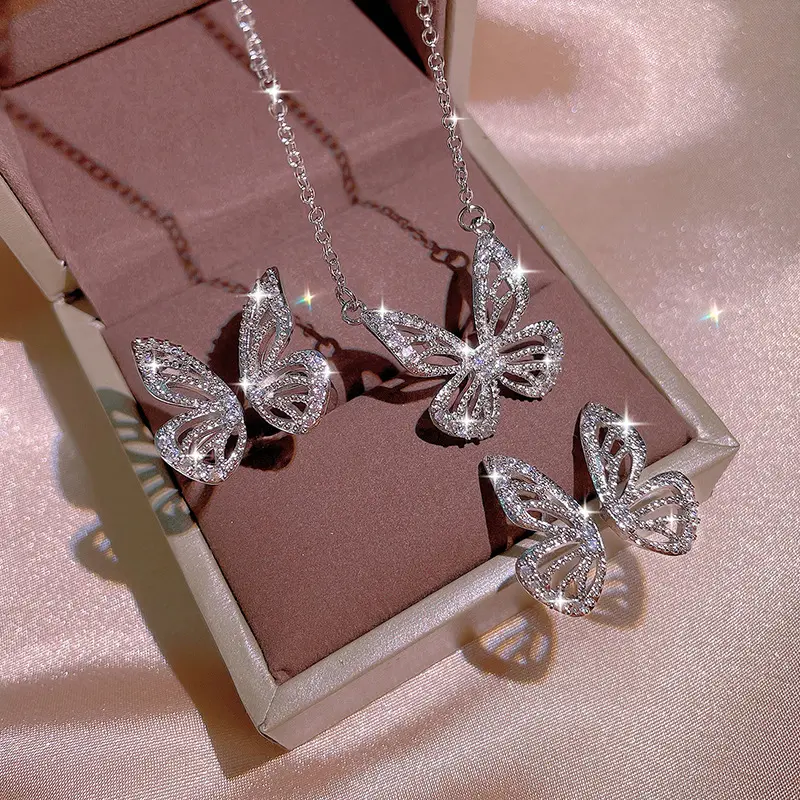 Luxury Butterfly Earrings Female Ring necklace White Zircon Clavicle Chain Short Necklace Butterfly Jewelry