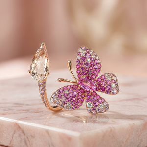 Rose <b>Gold</b> Butterfly <b>Cocktail</b> <b>Ring</b> With Morganite Pear Cut And Pave Pink Gemstones For Women Luxury Party Jewelry - Product Image 3