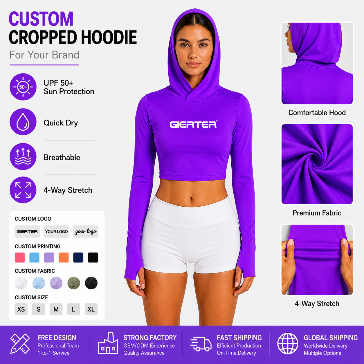 Custom Quick-Dry Ladies Fishing Shirts Women's Upf 50 UV Sun Protection Clothing Cropped Fishing Hoodie Crop Tops Beach Wear