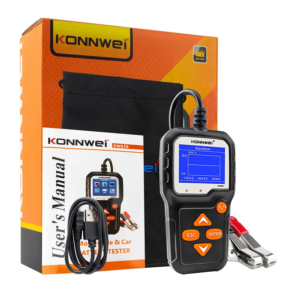 KONNWEI-KW650 de testeur de batterie de moto, analyseur du système de batterie, 12V, 6V, 2000cca, outils de Test pour les voitures Pk KW600