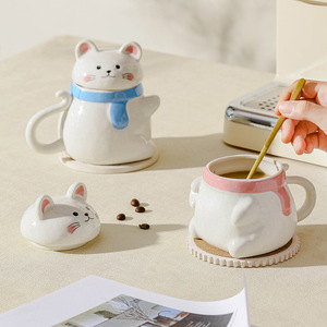 Cat-Themed Ceramic Mug With Lid And Handle Two-Piece <b>Set</b> Cartoon Design For Coffee Or Milk Home Use - Product Image 2