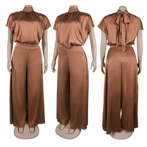 Conjunto de 2 Piezas para Mujer, Top de Cuello Alto con Mangas de Lazo de Seda Satinada y Pantalones Anchos, a la Moda - Product Image 6