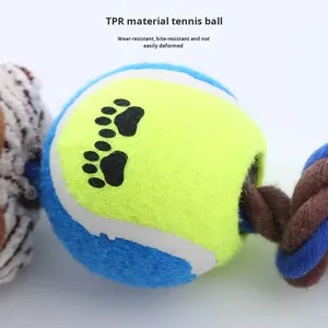 Jouet à mâcher durable pour chien, balle de tennis en velours côtelé, corde en coton, jouet interactif couineur pour animaux de compagnie, résistant aux morsures, pour l'entraînement des molaires des chiots - Product Image 3
