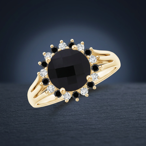 Anillo de Compromiso Clásico con Halo de Diamantes Negros y Blancos Naturales Redondos para Mujer, Oro de 10K, 14K, 18K, Plata 925, 935 - Product Image 1