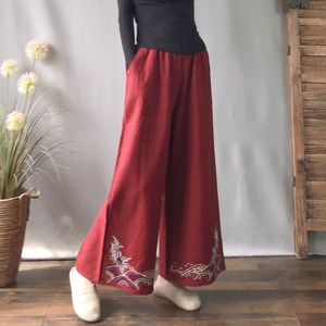 Loose Retro Chinese Style Elastic Waist Cotton Linen Pants With Embroidery Wide Legs For Women - Product Image 2