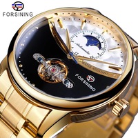 Montre mécanique de luxe pour homme Forsining 8179, cadran doré, acier inoxydable, phase de lune, tourbillon doré, automatique, décontractée