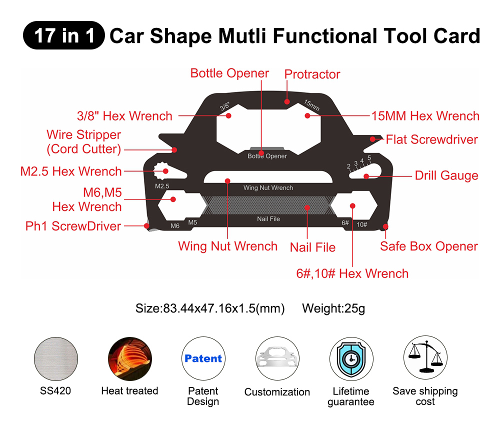 Outil de carte en forme de voiture 17 en 1 (grand)