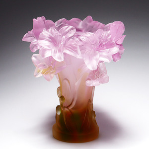 Pink Multicolor Lily Relief Pate De Verre Vase Handcrafted Art Glass Flower Vase For Home Decor And Floral Arrangements - Product Image 2