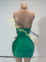 Robe Courte Sexy Noire à Col Halter en Plumes et Strass Transparents pour Femme – Idéale pour Soirées et Anniversaires