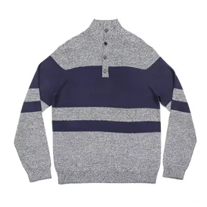 ODM/OEM Herren Pullover Pullover Grau Blau Kontrast farbe Streifen Roll kragen pullover Half Open Buttons Winter Herren pullover