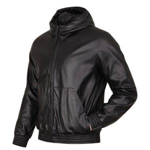 Blouson aviateur en cuir noir pour homme avec capuche amovible, cuir véritable de qualité supérieure, streetwear décontracté, veste d'hiver pour homme - Product Image 3